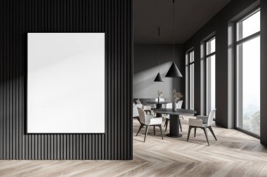 Gri ve ahşap duvarları, ahşap zemini, yuvarlak masaları ve beyaz sandalyeleri olan modern restoranda asılı büyük dikey maket posterleri. 3d oluşturma