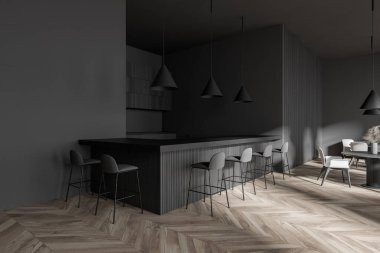 Koyu gri duvarlı modern barın köşesi, ahşap zemin, beyaz sandalyeli yuvarlak masalar ve bar tezgahı. 3d oluşturma