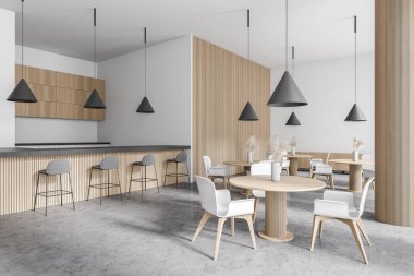 Beyaz ve ahşap duvarları, beton zemini, beyaz sandalyeli yuvarlak masaları ve bar tezgahı olan şık bir kafe bar köşesi. 3d oluşturma