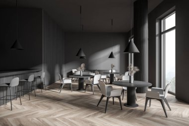 Koyu gri duvarları, ahşap zemini, beyaz sandalyeli yuvarlak masaları ve bar tezgahı olan modern barın içi. 3d oluşturma