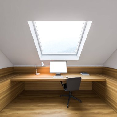 Beyaz ve ahşap duvarları, ahşap zemini, bilgisayar masası olan ve ekranı taklit eden tavan arası ofisinin içi. 3d oluşturma