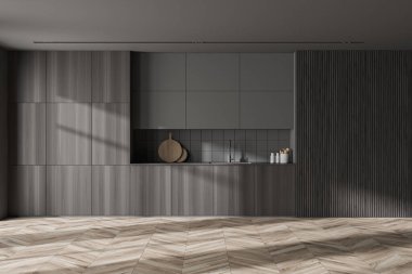 Gri ve ahşap duvarları, ahşap zemini ve ahşap dolapları olan şık bir mutfak. 3d oluşturma