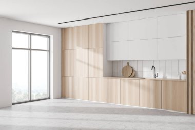 Beyaz ve ahşap duvarları, beton zemini ve ahşap dolapları olan şık bir mutfak köşesi. 3d oluşturma