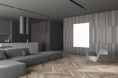 Gri ve ahşap duvarları, ahşap yemekleri, gri koltuğu ve kanepesi olan modern oturma odasının köşesi. Dikey model poster. 3d oluşturma