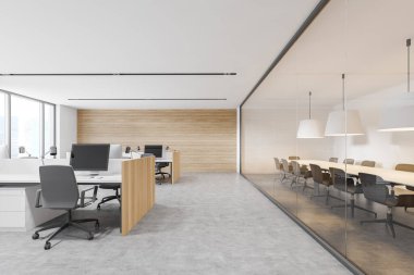 Beyaz ve ahşap duvarları, beton zemini, sıra sıra bilgisayar masaları ve yanında toplantı odası olan şık bir açık uzay ofisi. 3d oluşturma