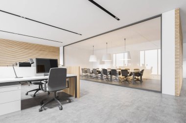 Beyaz ve ahşap duvarları, beton zemini, sıra sıra bilgisayar masaları ve yanında toplantı odası olan şık bir açık uzay ofisinin köşesi. 3d oluşturma