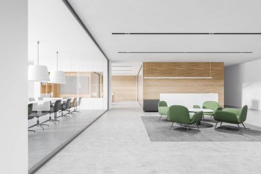 Beyaz ve ahşap duvarları, beton zemini, beyaz resepsiyon masası ve yeşil koltuklu yuvarlak kahve masası olan şık ofis bekleme odası. 3d oluşturma