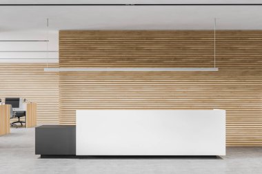 Beyaz, ahşap duvarları ve beton zemini olan şık bir ofiste duran rahat beyaz ve gri resepsiyon tezgahı. 3d oluşturma