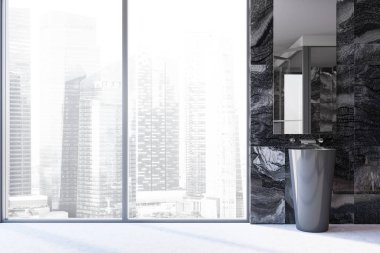 Panoramik banyoda, siyah mermer duvarları ve beyaz zemini olan dikey aynalı rahat bir lavabo. Bulanık şehir manzarası. 3d oluşturma
