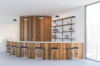 Beyaz ve ahşap duvarları, beton zemini, tahta tezgahı ve siyah sandalyeleri olan şık yuvarlak barın köşesi. Küçük işletme kavramı. 3d oluşturma