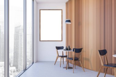 Beyaz ve ahşap duvarları, beton zemini ve siyah sandalyeli yuvarlak masaları olan şık, yuvarlak bir restoranda asılı posterler. 3d oluşturma