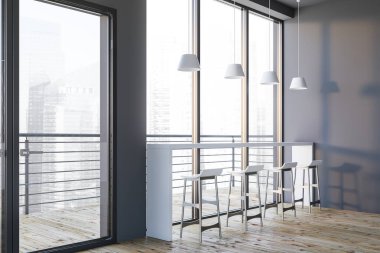 Gri duvarları, ahşap zemini, beyaz bar tezgahı ve beyaz sandalyeleri olan modern yuvarlak panoramik barın köşesi. Küçük işletme kavramı. 3d oluşturma