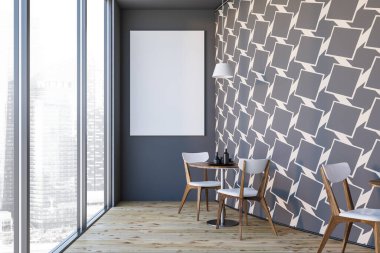 Gri ve beyaz duvarları, ahşap zemini ve beyaz sandalyeli yuvarlak masaları olan modern yuvarlak restoranda asılı posterler. 3d oluşturma