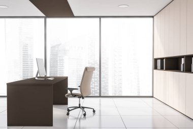 Beyaz ve bej duvarları, fayanslı zemini, bilgisayar masası ve bulanık manzaralı penceresi olan şık panoramik CEO ofisinin yan görüntüsü. 3d oluşturma