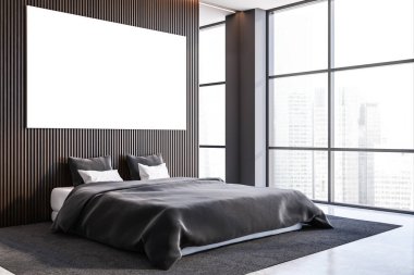 Modern yatak odasının köşesinde koyu ahşap ve gri duvarlar, beton zemin ve rahat kral yatağı var. Yatay maket posteri. 3d oluşturma