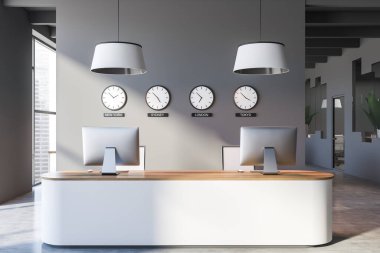 Gri duvarları, beton zemini, beyaz resepsiyon masası ve dünya sermaye saatli saatleri olan modern ofis bekleme odasının içinde. 3d oluşturma