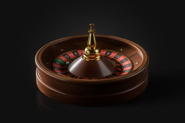 Tahta rulet tekerleği ve siyah arka planda top. Şans ve kumar kavramı. 3d oluşturma