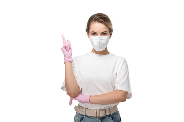 Isolated Portrait Young European Woman Mask Pink Rubber Gloves Pointing — Stock Photo, Image