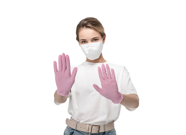 Isolated Portrait Young European Woman Mask Pink Rubber Gloves Showing — Stock Photo, Image