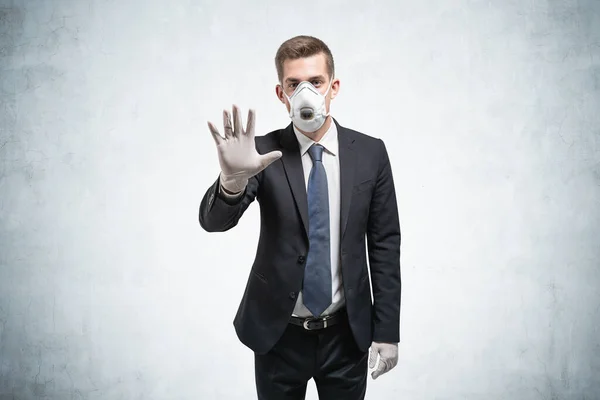 Portrait Young Businessman Suit Protective Mask Rubber Gloves Standing Concrete — Stock Photo, Image