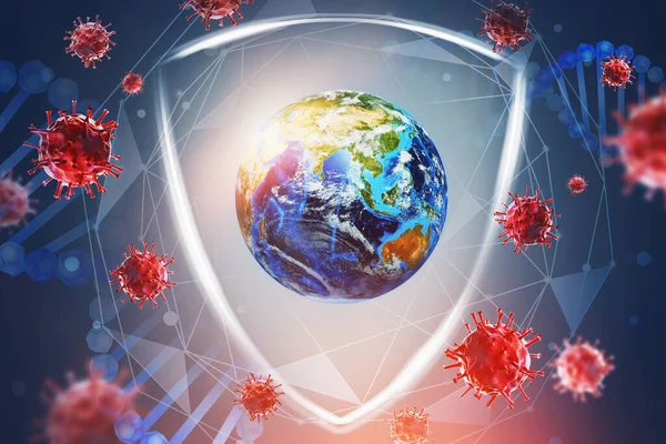 Планета Земля Щитом Красным Коронавирусом Вокруг Концепция Защиты Пандемии Ковида — стоковое фото