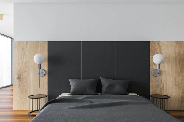 Großaufnahme Des Modernen Hauptschlafzimmers Mit Grauen Und Hölzernen Wänden Holzboden — Stockfoto