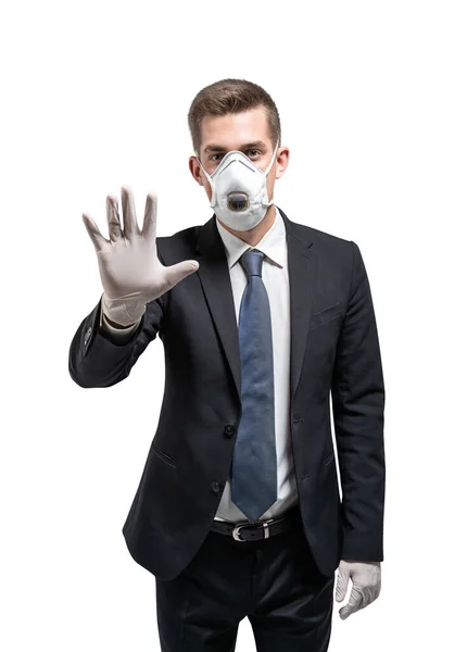 Isolated Portrait Young Businessman Suit Protective Mask Rubber Gloves Concept — Stock Photo, Image