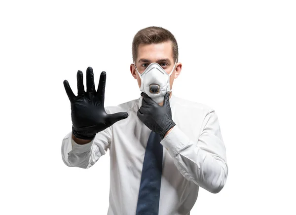 Isolated Portrait Young Businessman White Shirt Protective Mask Rubber Gloves — Stock Photo, Image