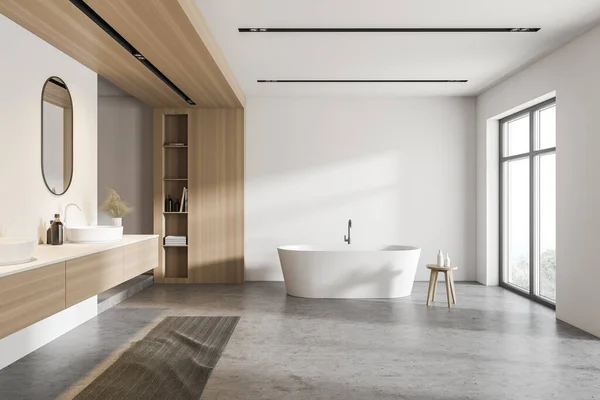 白と木製の壁 コンクリートの床 快適なバスタブとミラーでシンクとスタイリッシュなバスルームのインテリア 3Dレンダリング — ストック写真