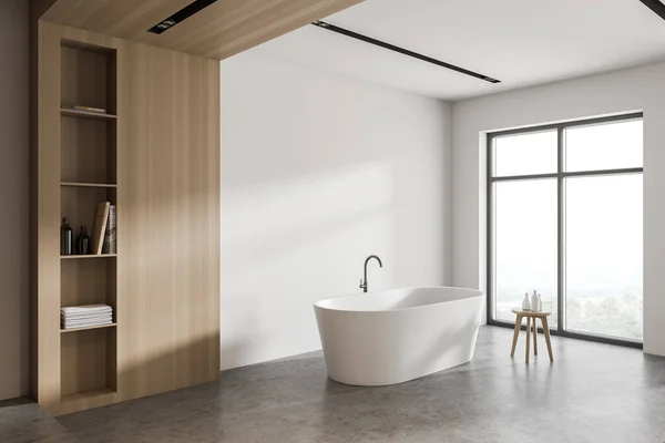 白と木製の壁 コンクリートの床と快適なバスタブ付きのスタイリッシュなバスルームのコーナー 3Dレンダリング — ストック写真