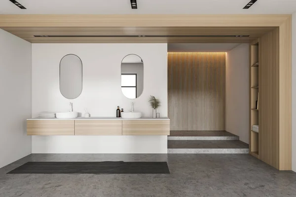 Innenraum Des Geräumigen Badezimmers Mit Weißen Und Hölzernen Wänden Betonboden — Stockfoto