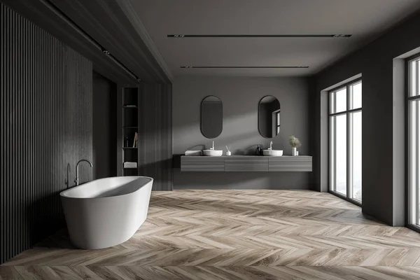 Intérieur Salle Bain Moderne Avec Murs Gris Bois Sol Bois — Photo