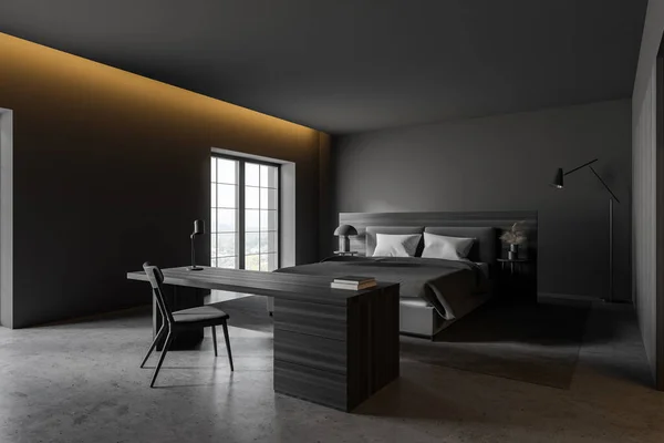 Hoek Van Stylihs Master Bedroom Met Grijze Houten Muren Betonnen — Stockfoto