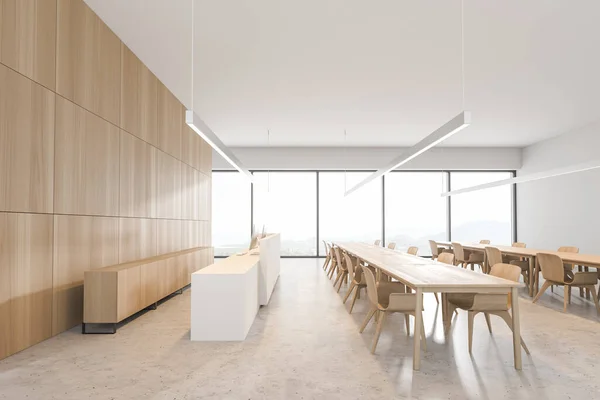 Interior Café Elegante Com Paredes Brancas Madeira Piso Concreto Longas — Fotografia de Stock