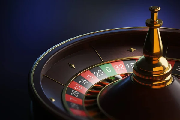 Primer Plano Ruleta Con Bola Cero Sobre Fondo Azul Concepto — Foto de Stock