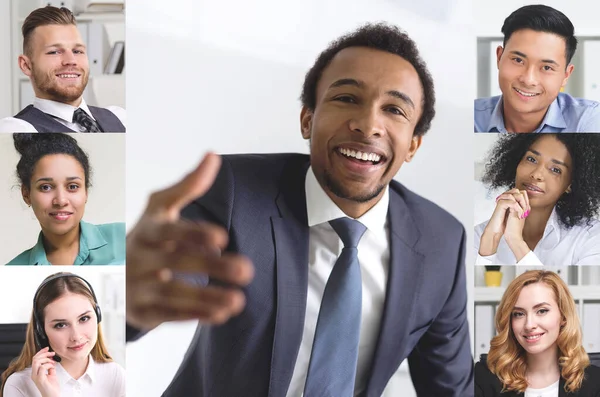 快乐的年轻的非洲裔美国商人与他的不同的同事举行视频会议 北欧大流行病期间在家工作的概念 — 图库照片