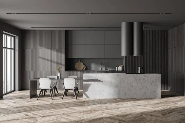 Interieur Der Stilvollen Küche Mit Grauen Und Hölzernen Wänden Holzboden — Stockfoto