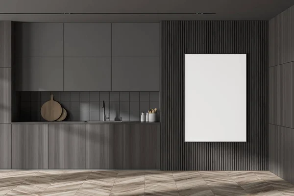 グレーと木製の壁 木製の床と木製のキャビネットとスタイリッシュなキッチンのインテリア 縦型のモックアップポスター 3Dレンダリング — ストック写真