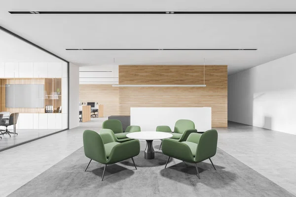 흰색과 사무실 대기실 콘크리트 리셉션 안락의자가 테이블이 보인다 렌더링 — 스톡 사진