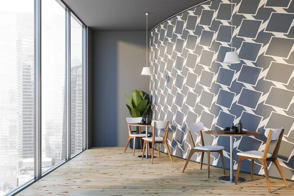 Corner Modern Restaurant Gray White Walls Wooden Floor Tables White — Stock Photo, Image