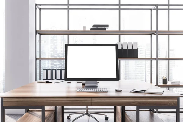 Computer Mock Screen Standing Wooden Table Modern Open Space Office — Stock Photo, Image