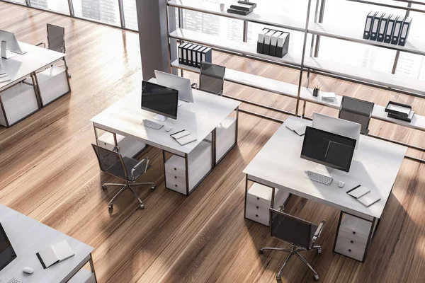 Top View Stylish Open Space Office Gray Walls Wooden Floor — Stock Photo, Image