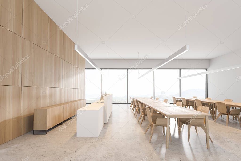 Interior of stylish cafe with white and wooden walls, concrete floor and long dining tables with beige chairs. 3d rendering