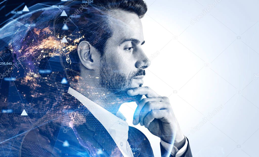 Side view of young man with double exposure of Earth and network hologram. Toned image. Elements of this image furnished by NASA