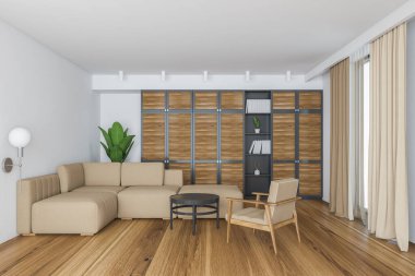 Beyaz duvarları, ahşap zemini, bej koltuğu, kanepesi ve sehpası olan modern oturma odasının içi. 3d oluşturma