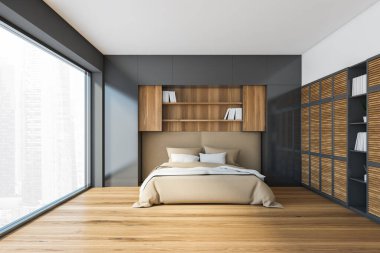 Gri ve ahşap duvarları, tahta zemini ve rahat kral yatağı olan modern ana yatak odasının içi. 3d oluşturma