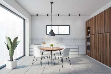 Beyaz duvarları, döşemeleri, yuvarlak yemek masası ve ahşap kitaplığı olan şık bir yemek odası. 3d oluşturma