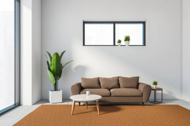 Beyaz duvarları, beton zemini, kahverengi kanepesi ve yuvarlak kahve masası olan şık bir oturma odası. 3d oluşturma