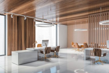 Beyaz ve ahşap duvarları, beyaz zemini ve beyaz bilgisayar masaları olan şık bir açık uzay ofisinin köşesi. 3d oluşturma