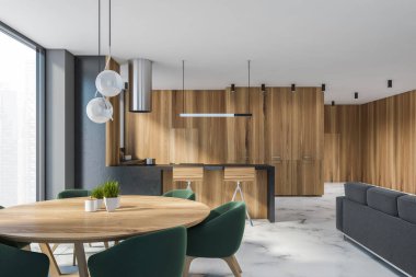 Gri ve ahşap duvarları, mermer zemini ve yuvarlak yemek masası olan şık panoramik yemek odasının içi. 3d oluşturma